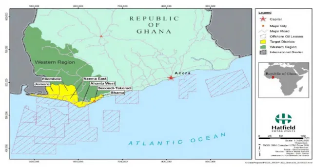 Figure 1: Study area, showing the six coastal districts. 