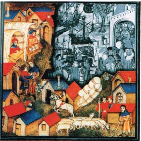 Figura 2  –  Mercadores da cidade  hanseática de Lubeque.  (Iluminura de um  manuscrito norueguês do fim do século  XV)  