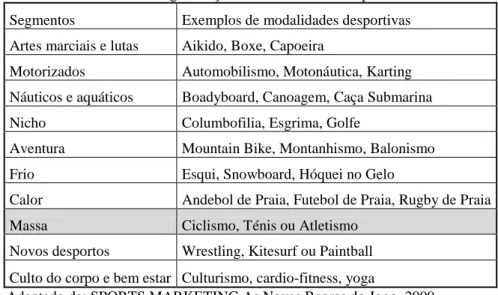 Tabela 3 - Segmentação das modalidades desportivas  Segmentos  Exemplos de modalidades desportivas  Artes marciais e lutas  Aikido, Boxe, Capoeira 