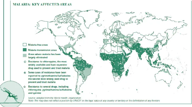 Figura 1. Mapa mundial ilustrando os focos de prevalência da malária (UNICEF 2010). 