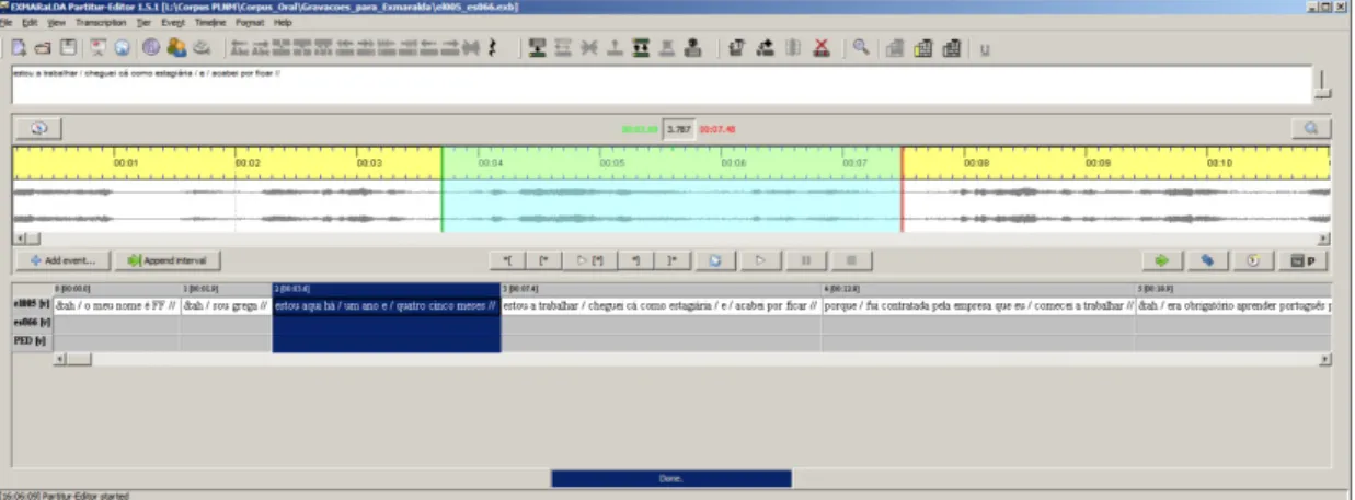 Figura 3: Transcrição e alinhamento texto-som no software EXMARaLDA 
