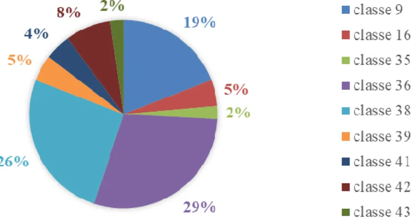 Figura 10. Total de pedidos de marcas da SIBS por classes de Nice em percentagem  (2000-2007) 
