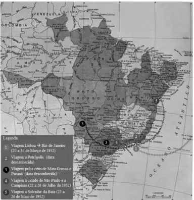 figura 4. Cartografia da itinerância de Aquilino Ribeiro pelo Brasil em 1952. 