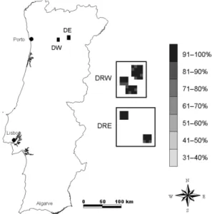 Figure 1. Location of the two test sites with, the details of vineyard coverage. The gray scale corresponds to  the fraction of pixel occupied by vineyard