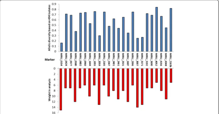 Fig. 1 Conversion of allelic diversity of markers in MIRU-VNTR 24 loci kit into weight for the median vectors ’ analysis