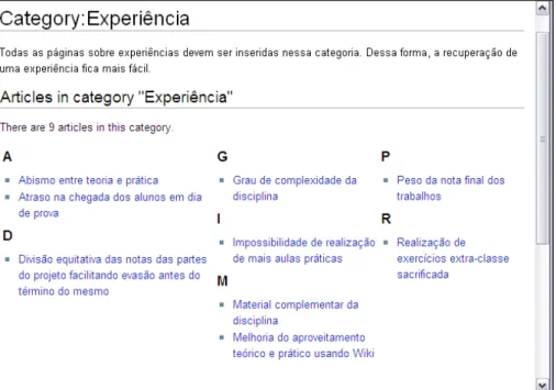 Figura 27:Parte da página Category:Experiência onde são listados os links paras as páginas inseridas nessa  categoria