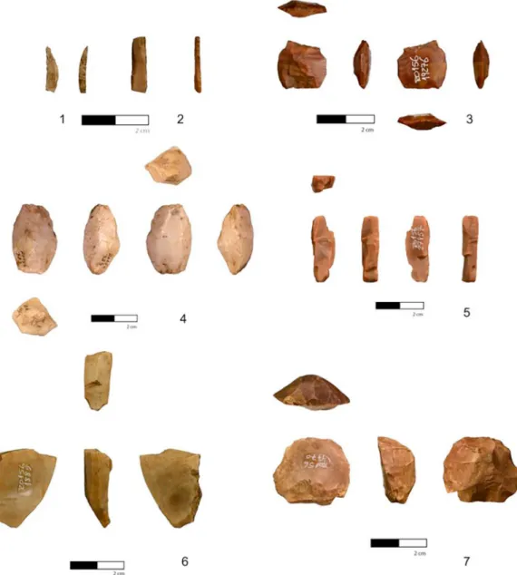 Fig. 10. Rôdo – Final Magdalenian: 1 – fragment of curved backed point (?) on regional Bajocian flint; 2-marginally retouched bladelet on allochthonous Cenomanian  flint; 3 and 5 – Bipolar core/pièce-esquillée on allochthonous Cenomanian flint; 4 - Bipolar