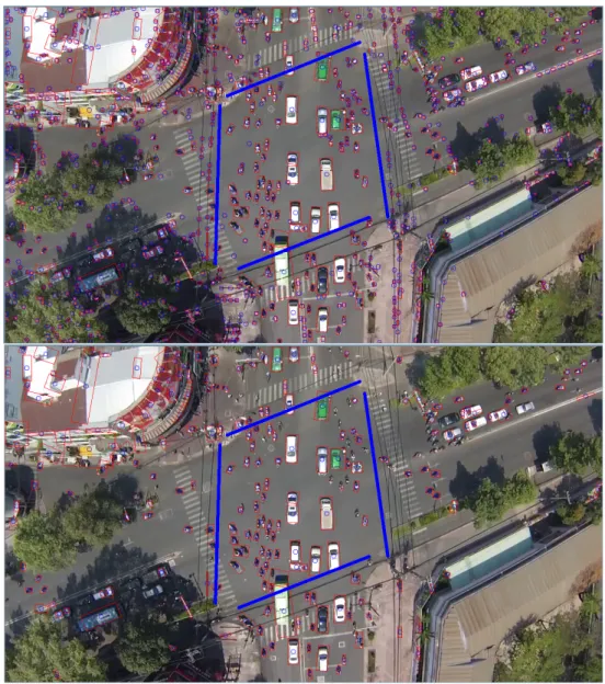 Figure 3.3: Same frame before (top) and after (bottom) blob filtering. Note the disappearance of the small blobs identified in the trees, zebra crossings and hanging wires.