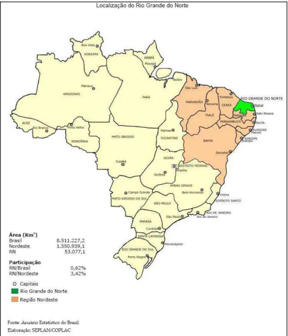 FIGURA 13 – Localização do Estado do Rio Grande do Norte. Fonte: SEPLAN/COPLAC. Sem  escala