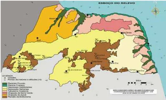 FIGURA 16 – Mapa da distribuição do relevo no Estado do Rio Grande do Norte. Fonte: IDEMA –  Instituto de Desenvolvimento Econômico e Meio Ambiente do Estado do Rio Grande do Norte