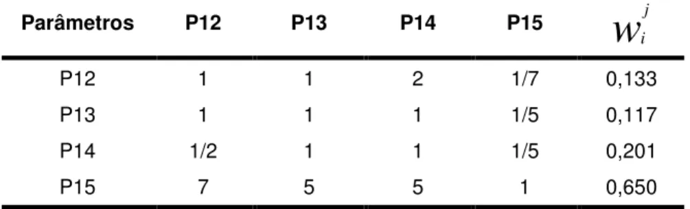 Tabela 12: Avaliação de parâmetros Econômicos-operacionais( w i j )  Parâmetros  P12  P13  P14  P15  w i j P12  1  1  2  1/7  0,133  P13  1  1  1  1/5  0,117  P14  1/2  1  1  1/5  0,201  P15  7  5  5  1  0,650  Índice de inconsistência = 0,04 