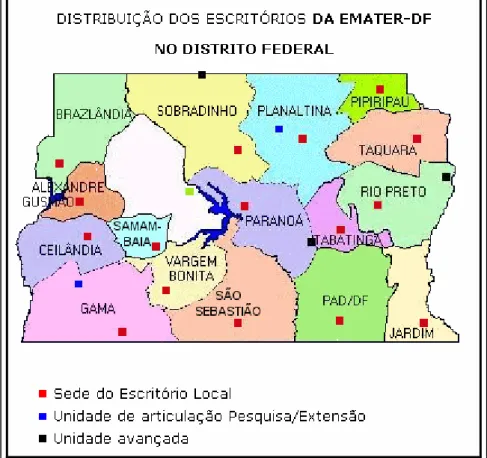 Figura 3.2 - Distribuição dos escritórios da Emater – DF no Distrito Federal  (EMATER, 2006)