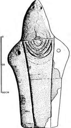 Fig.  3  –  estátua-menir  da  Boulhosa,  Paredes  de  Coura (seg. JOrGe &amp; JOrGe, 1990, modificada).