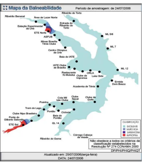 Figura 2.5 – Mapa de Balneabilidade do Lago Paranoá 