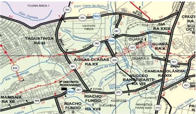 Figura 17 - Rodovias Federais e Estaduais que circundam Águas Claras   Fonte: Departamento de Estradas de Rodagens, 2006  