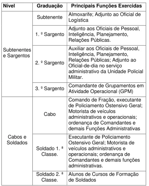 Tabela 4 - graduações escalonadas e principais funções exercidas. 
