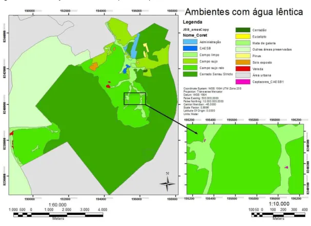 Figura 9: Localização das áreas disponíveis para D. minutus no Jardim Botânico de Brasília