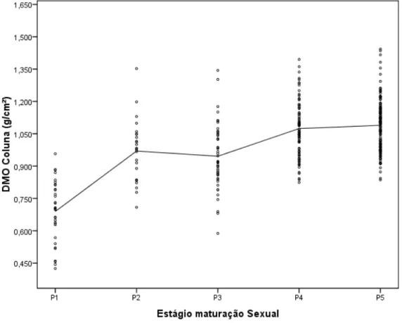 Figura 3 – Variações do aumento da densidade mineral óssea da coluna lombar pelo estágio  de maturação sexual