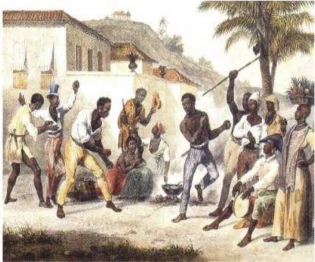 Figura 2  –  RUGENDAS, Johann Mortiz  –  Jogar Capoeira ou Danse de la Guerre, 1835. 