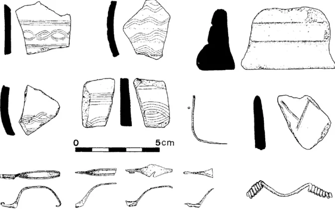 Fig.  11 – Picón de la Mora, Salamanca. Cerâmica penteada, fíbulas de tipo Acebuchal e de dupla mola e agulha de bronze (seg