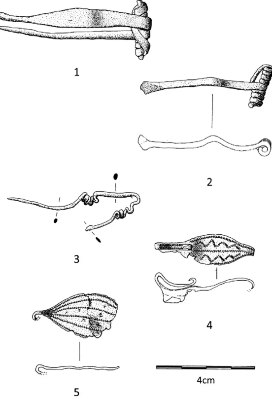 Fig. 12 – Fíbulas do povoado de Las Paredejas: 1 e 2 de tipo Bencarrón; 3 de dupla mola; 4 e 5 de tipo Acebuchal (seg
