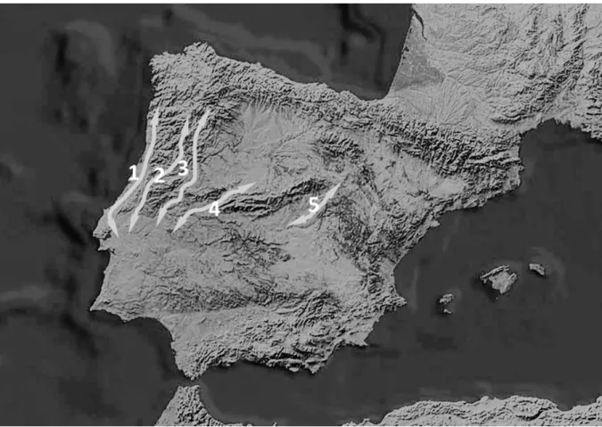 Fig. 2 – O Tejo e as vias de trânsito norte/sul através do Maciço Calcário e do Maciço Central: (1) planície litoral a ocidente das  serras do Maciço Calcário até às portelas a ocidente do Montejunto; (2) corredor interior Coimbra/Tomar/Santarém; (3) corre