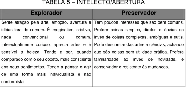 TABELA 5 – INTELECTO/ABERTURA 