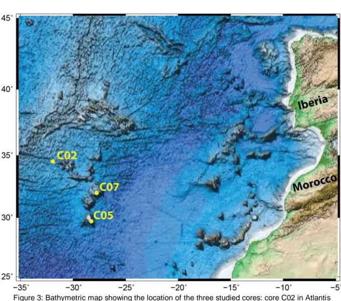Figure 3: Bathymetric map showing the location of the three studied cores: core C02 in Atlantis  Seamount (34.5462ºN; 31.9310ºW), core C05 in Great Meteor Tablemount (29.7034ºN; 28.2642ºW) 