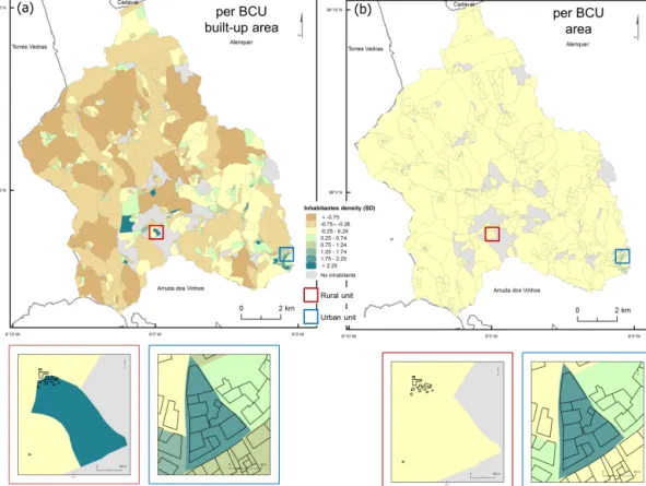 Figure 5. Population density in the Alenquer study area (a) per BCU built-up area, (b) per BCU overall area