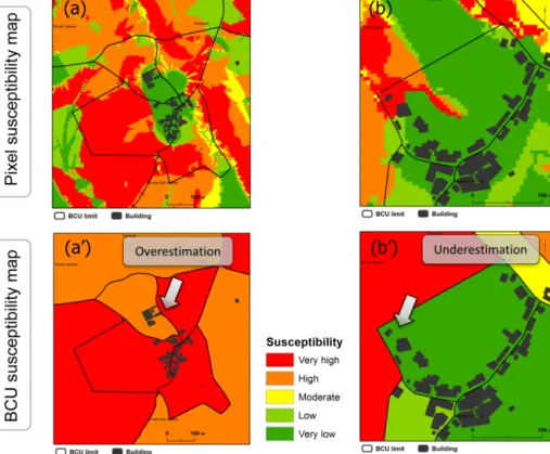 Figure 7. Examples of overestimation and underestimation of exposed buildings in the Alenquer study area considering the BCU suscepti- suscepti-bility map in comparison with the pixel-based susceptisuscepti-bility map.