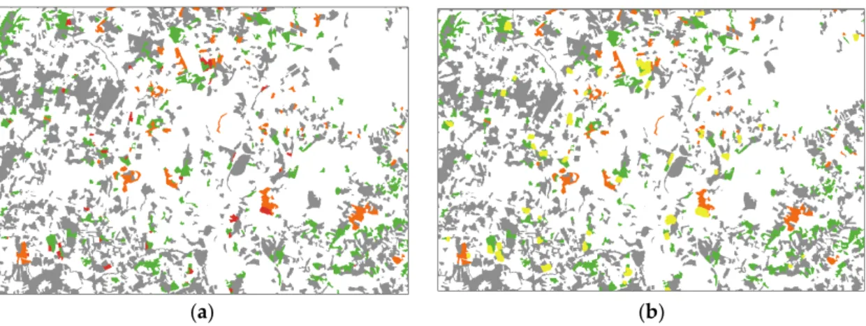 Figure 4. (a) Extract of the LAND method running. Example Figure (a): LUCC between pastures-1995  (year 0-state 1) and artificial surfaces–2010 (year 1-state 2)