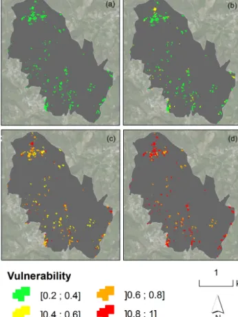 Figure 9. Vulnerability of buildings inventoried in the fieldwork area, located on a landslide body with a slip surface depth of (a) 1 m, (b) 3 m, (c) 5 m, (d) 10 m, and (e) 20 m.