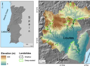Figure 1. Loures municipality location, elevation, and location of the 686 inventoried landslides.