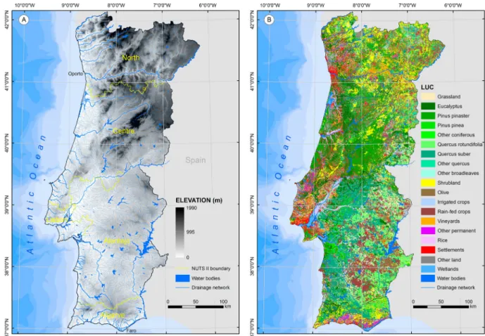 Figure 1. Mainland Portugal: (A) – elevation (data of Digital Elevation Model from the GMES RDA project, made available by the European Environment Agency); (B) – land use and land cover (LUC), 2010 (official land cover map of Portugal, provided by the Gen