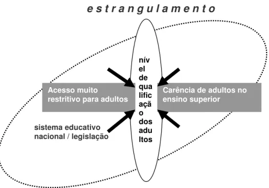 Figura 1 – Efeito de estrangulamento provocado pela legislação, ao nível da baixa qualificação  dos adultos portugueses