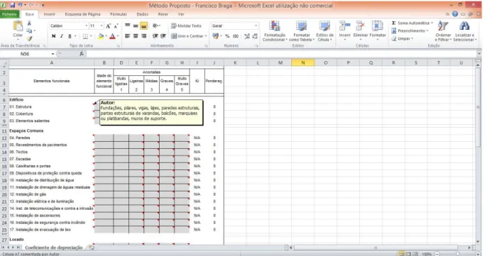 Fig. 3.5. – “Print screen” da folha de cálculo com comentário descritivo dos elementos construtivos  correspondentes ao elemento funcional Estrutura  