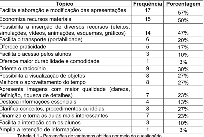 Tabela 1.1 - Percepções de vantagens obtidas por meio do questionário   