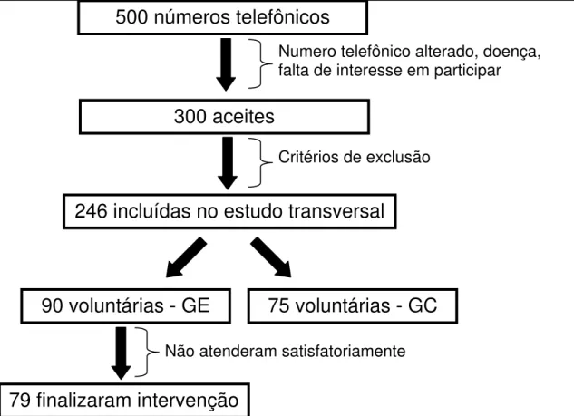 Figura 4. Fluxograma esquemático do recrutamento da amostra e da divisão do grupo experimental (GE)  e grupo controle (GC)