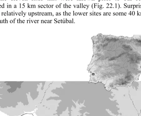 Fig. 22.1. Location of the shell middens in the Sado valley. Key: 1. Arapouco; 2. 