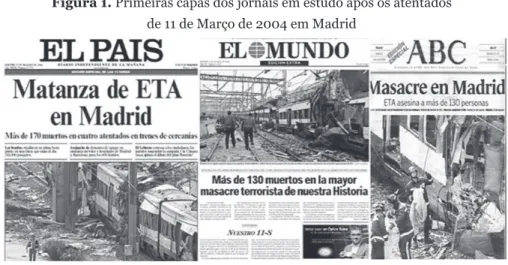Figura 1. Primeiras capas dos jornais em estudo após os atentados   de 11 de Março de 2004 em Madrid
