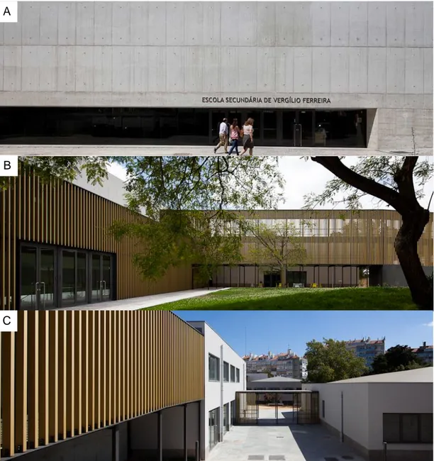Figura  1  –  Fotografias  da  fachada  (A),  do  pátio  no  interior  do  recinto  (B)  e  dos  corredores  de  ligação  dos  diferentes  edifícios  (C)  da  Escola  Secundária  de  Vergílio  Ferreira, em Lisboa