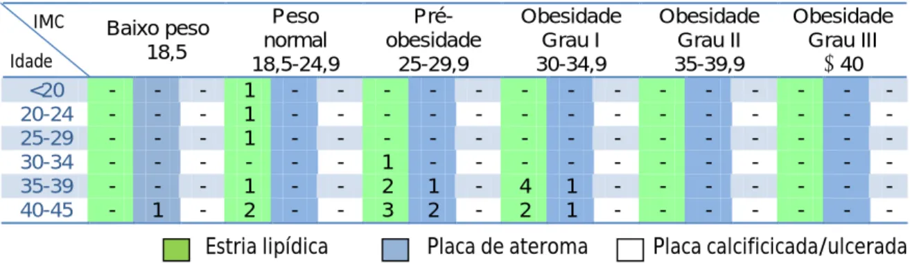 Tabela 4: Correlação entre nº de lesões observadas na artéria ilíaca/ tipo de lesão/ IMC/ faixa  etária 