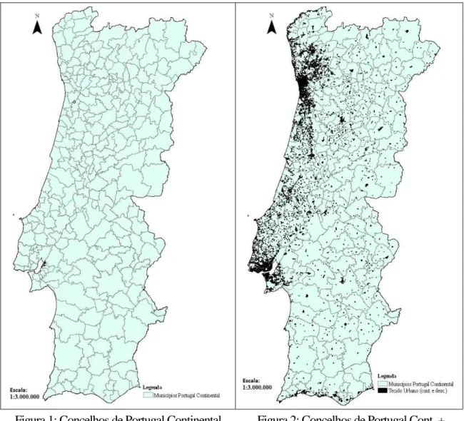 Figura 1: Concelhos de Portugal Continental  Figura 2: Concelhos de Portugal Cont. +  Tecido urbano (cont