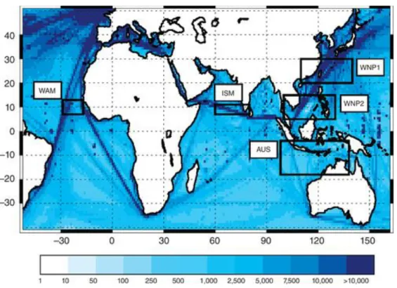Figure  1.8.  Number  of  wind  direction  observations  in  a  1  ×  1  grid  for  the  1800–2014  period  available  in  ICOADS  3.0