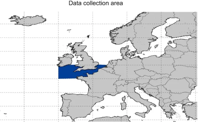 Figure  2.1.  Area  of  analysis.  Blue  shading  shows  the  selected  region  for  the  collection  of  wind  direction  observations during the period 1685-2014 