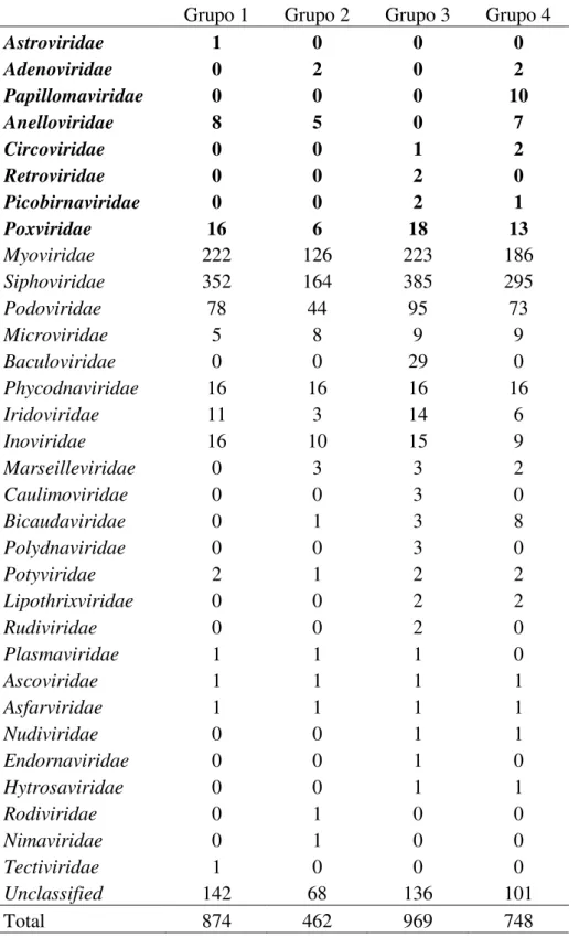 Tabela 4.  Número de espécies para cada família viral nos quatro grupos. Grupo1- com amostras diarreicas de  crianças; Grupo 2- com amostras diarreicas de adultos; Grupo 3- com amostras não diarreicas de adultos; Grupo  4- com amostras de indivíduos HIV+
