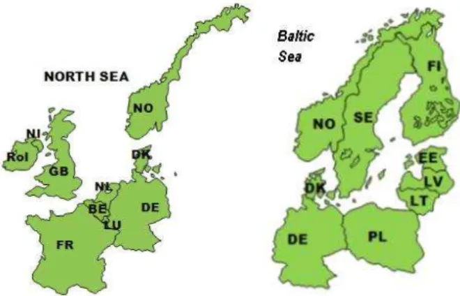 Figura 2.4 – Grupos Regionais – Participação Nórdica nos Grupos do Mar do Norte (mapa verde  à esquerda) e do Mar Báltico (mapa verde à direita)
