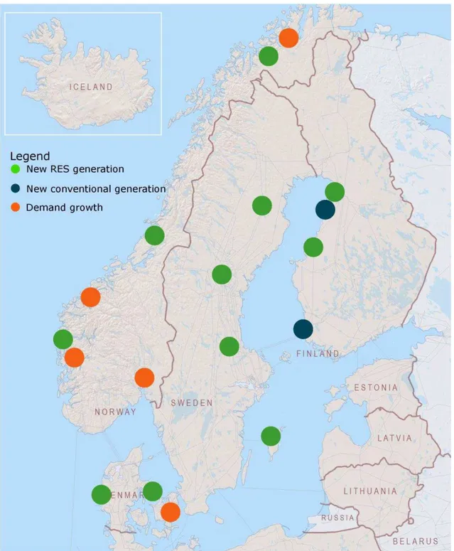 Figura 2.6: Mapa da Região Escandinava com as novas fontes de energia renováveis (em verde),  novas fontes de energia convencional (em preto) e as áreas com  maior crescimento de demanda  por  energia  (em  laranja)