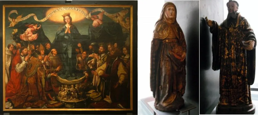 Figura 26  – Pintura quinhentista representando Nossa Senhora da Misericórdia 275  atribuída a Gregório Lopes, e as  imagens de Santa Isabel e de Santo Amaro, século XVIII 276  (Fotos da autora, Dezembro 2012) 