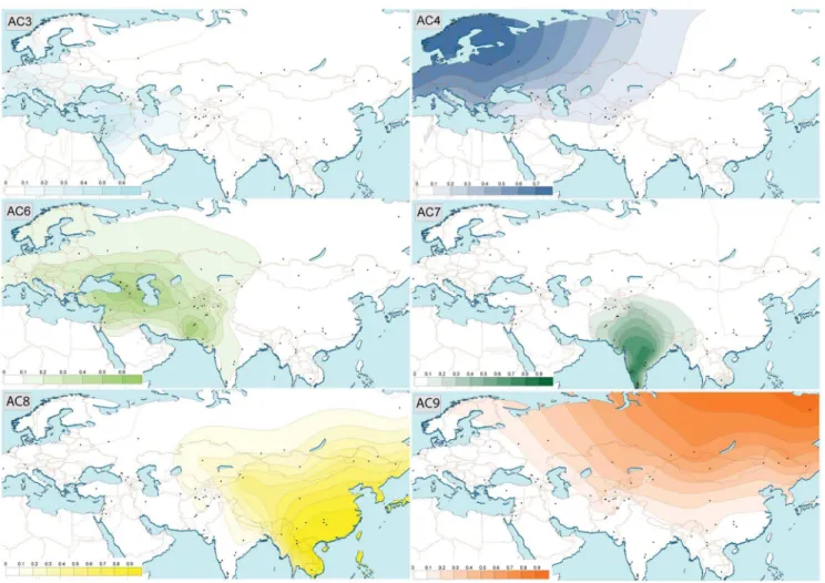 Figure 2. Spatial distribution of Ancestry Components based on the admixture analysis results at K = 9